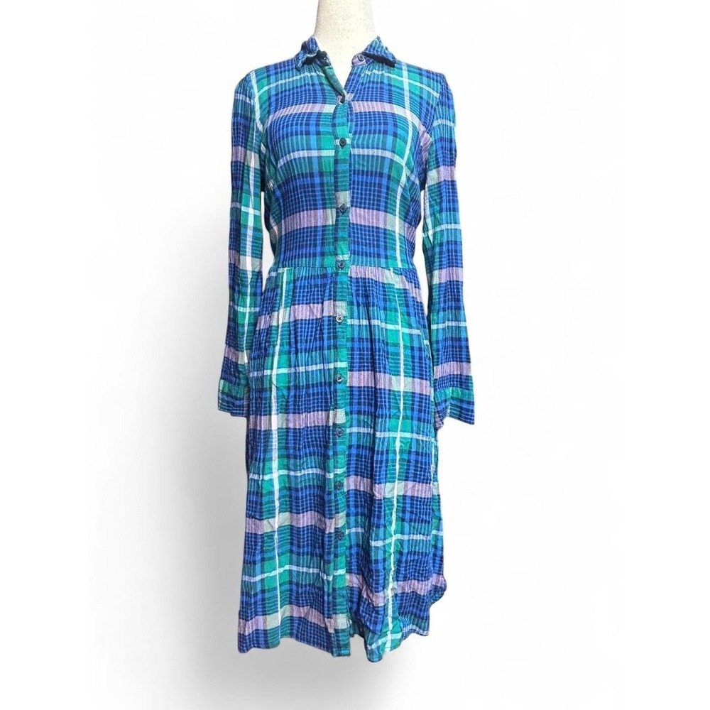 Old Navy Plaid Midi Button Up Polo Shirt Dress Sz XS Long Sleeve Winter Fashion‎